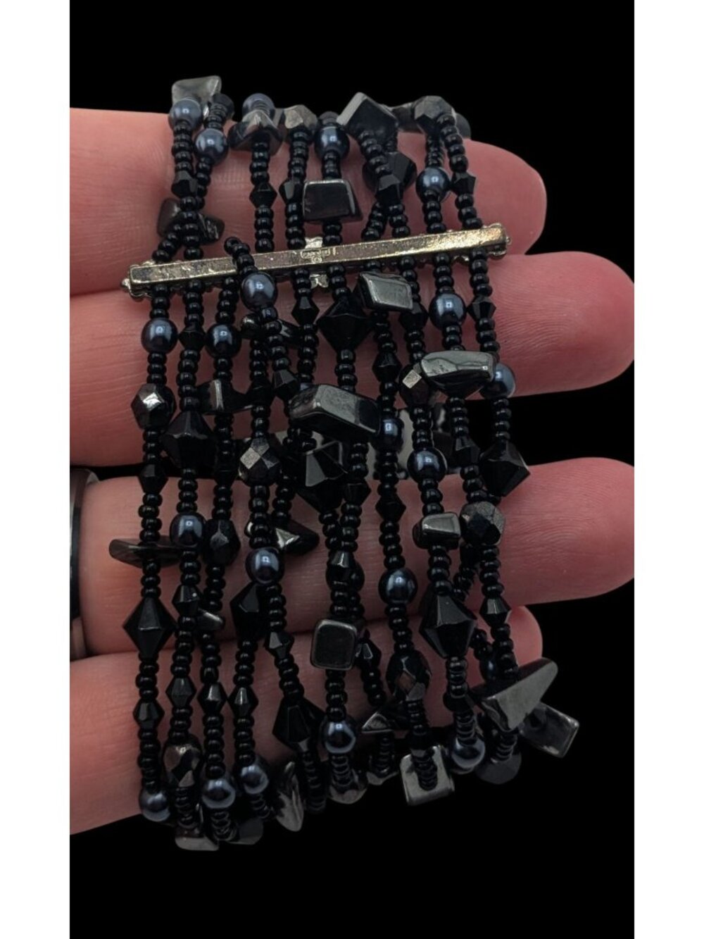 Goth Black Multistrand Beaded Bracelet Glass Geometric Statement Cuff